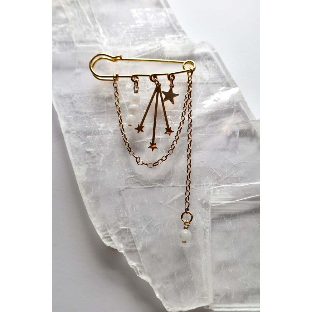 Stellune – Rainbow Moonstone Celestial Gold Pin Brooch